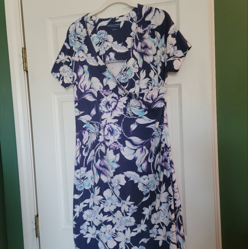 Soft Surroundings L Floral Print Cotton Faux Wrap Dress